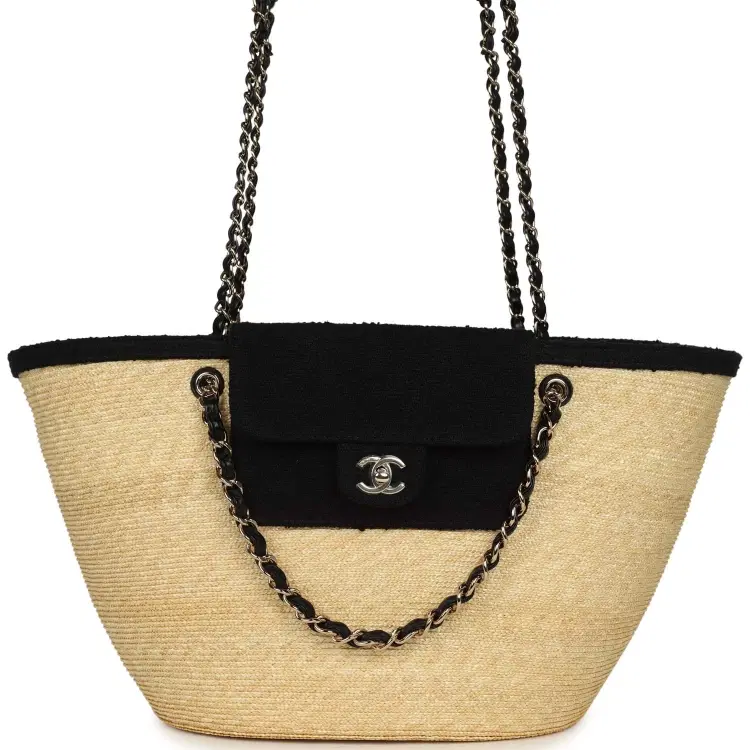 Chanel Large "Coco Vibe" Shopping Tote Bag Beige Raffia and Black Tweed Light Gold Hardware-Hover-Image