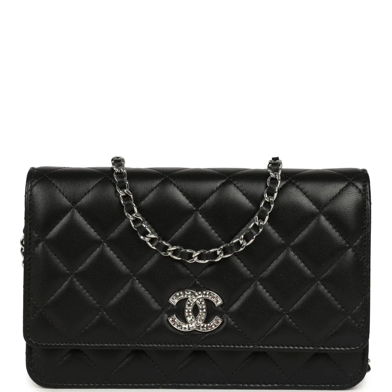 Chanel Wallet On Chain WOC Black Lamsbkin Silver Hardware