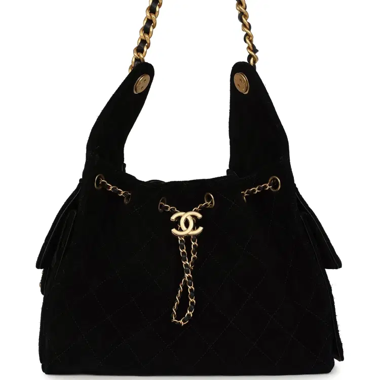 Pre-owned Chanel Small 25 Hobo Bag Black Suede Antique Gold Hardware-Hover-Image
