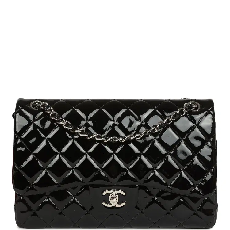 Pre-owned Chanel Jumbo Classic Double Flap Bag Black Patent Silver Hardware-Hover-Image