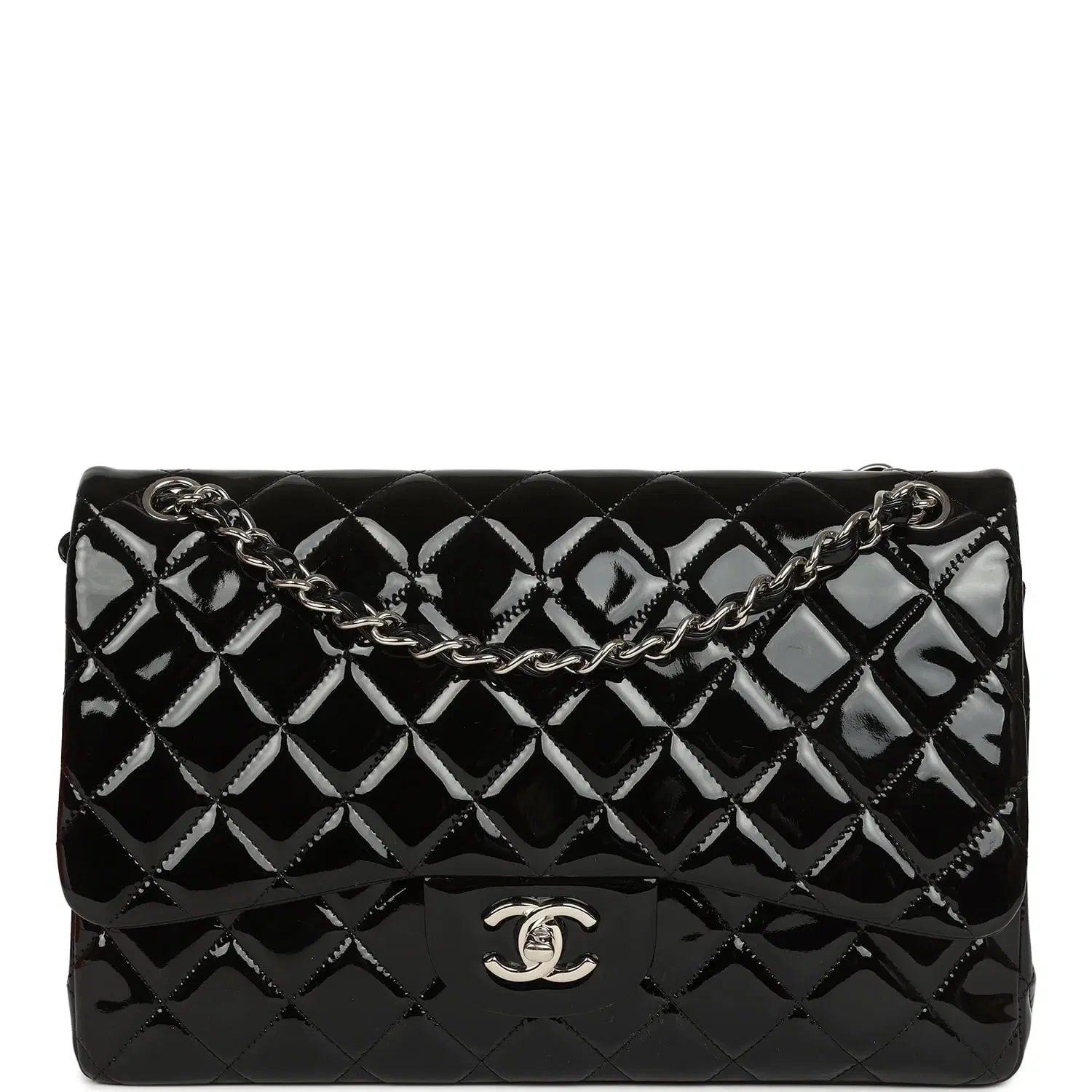 Pre-owned Chanel Jumbo Classic Double Flap Bag Black Patent Silver Hardware