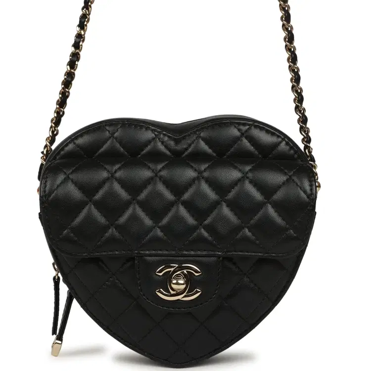 Pre-owned Chanel CC In Love Large Heart Bag with Chain Black Lambskin Light Gold Hardware-Hover-Image