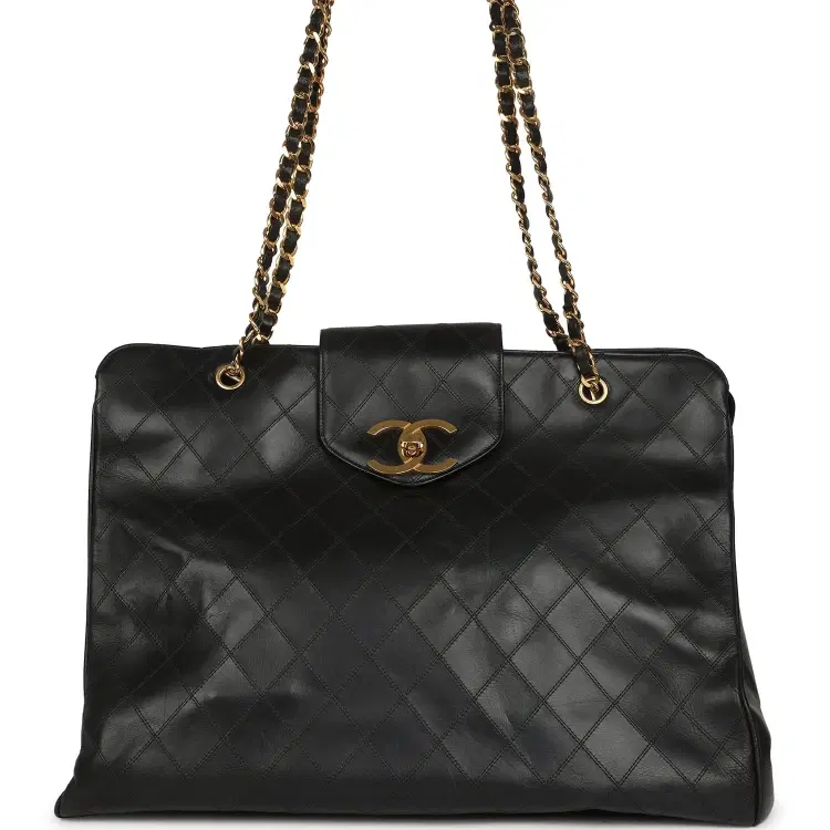 Vintage Chanel XL Supermodel Tote Bag Black Calfskin Gold Hardware-Hover-Image