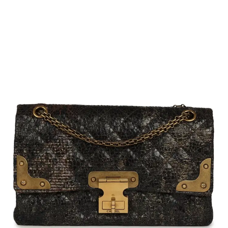 Pre-owned Chanel Medium Paris-Shanghai Reissue 226 2.55 Double Flap Bag Gold Glazed Tweed Antique Gold Hardware-Hover-Image