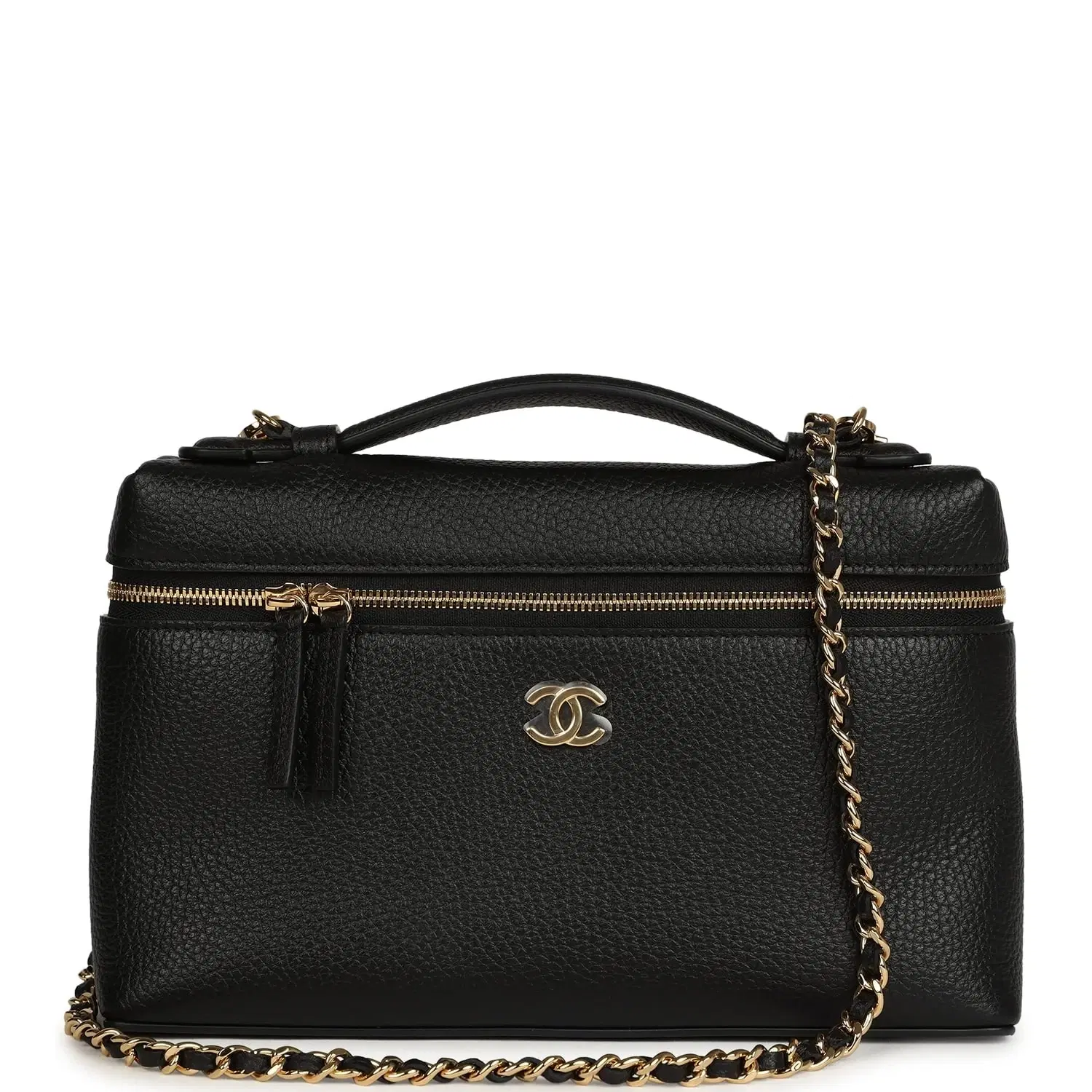 Chanel Large "Supple" Top Handle Long Vanity Case with Chain Black Grained Calfskin Gold Hardware