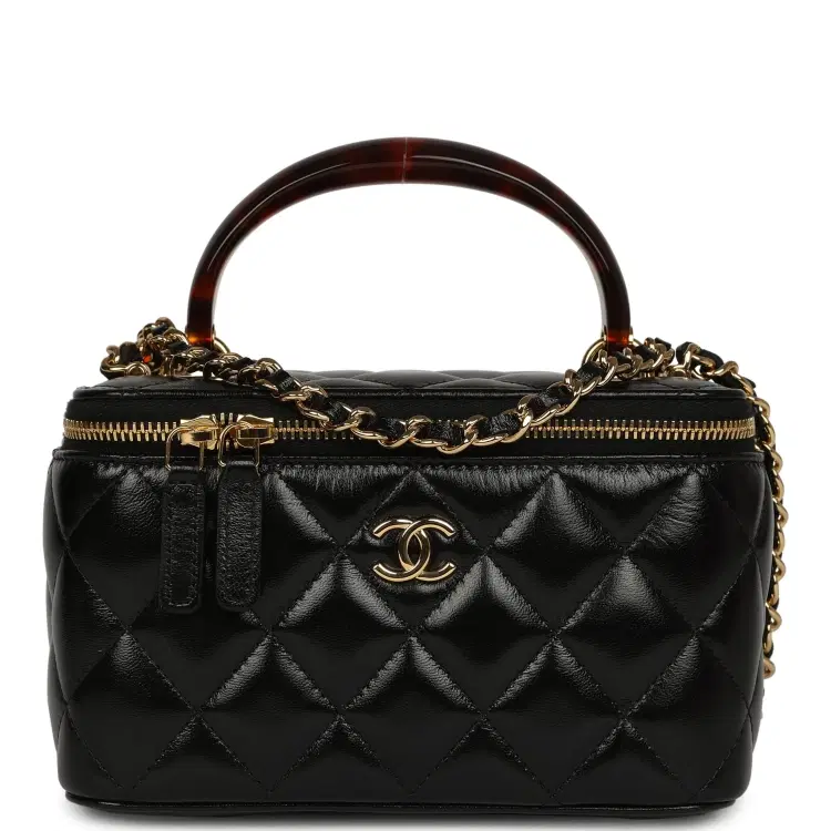 Chanel Small Tortoiseshell Top Handle Vanity Case Black Shiny Lambskin Gold Hardware-Hover-Image