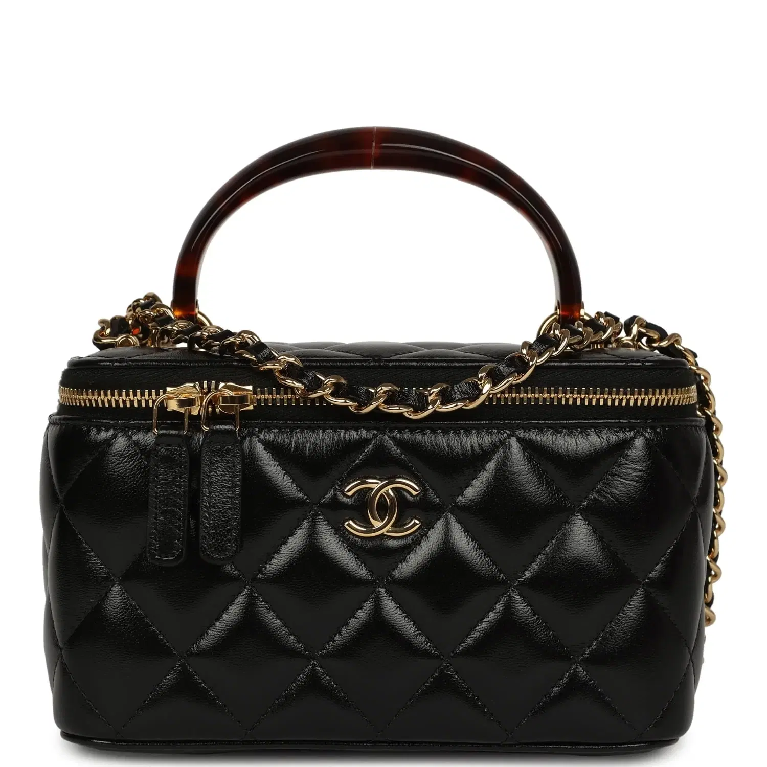 Chanel Small Tortoiseshell Top Handle Vanity Case Black Shiny Lambskin Gold Hardware