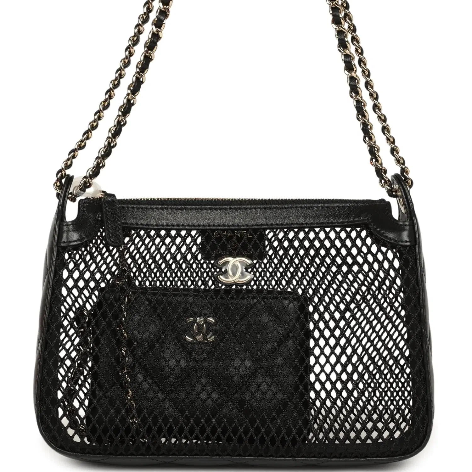 Chanel Clutch with Chain Black Mesh, Shiny Lambskin Gold Hardware