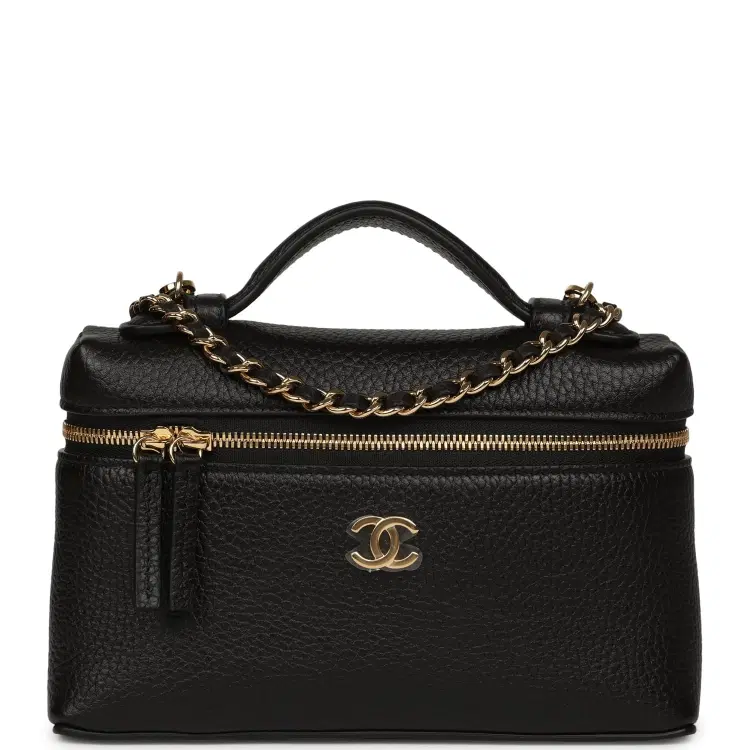Chanel "Supple" Top Handle Long Vanity Case with Chain Black Grained Calfskin Gold Hardware-Hover-Image