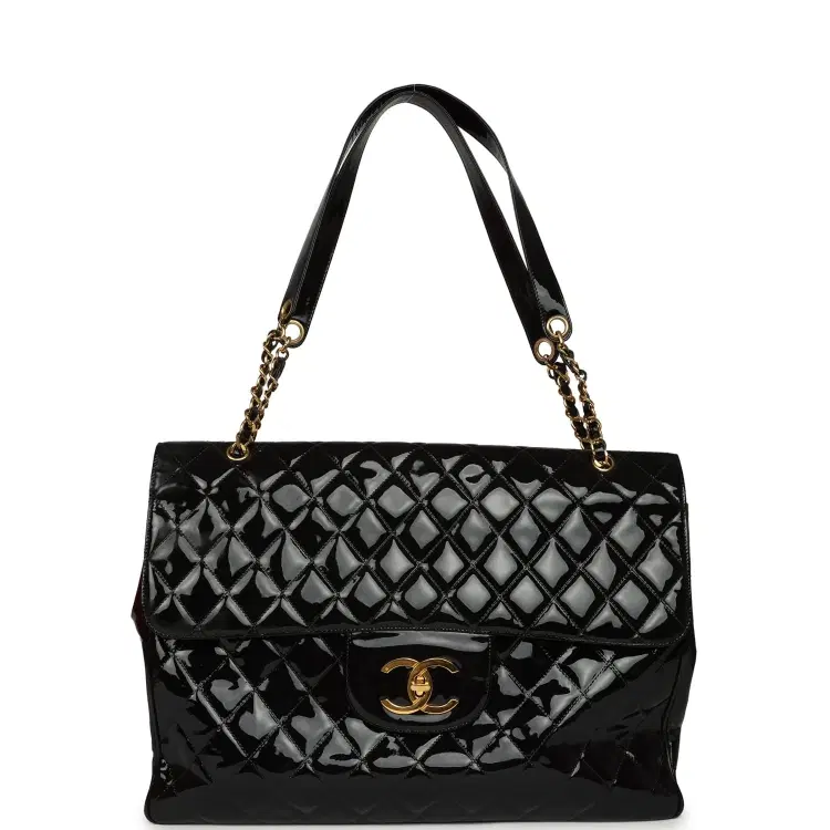 Vintage Chanel Maxi Single Flap Bag Black Patent Gold Hardware-Hover-Image