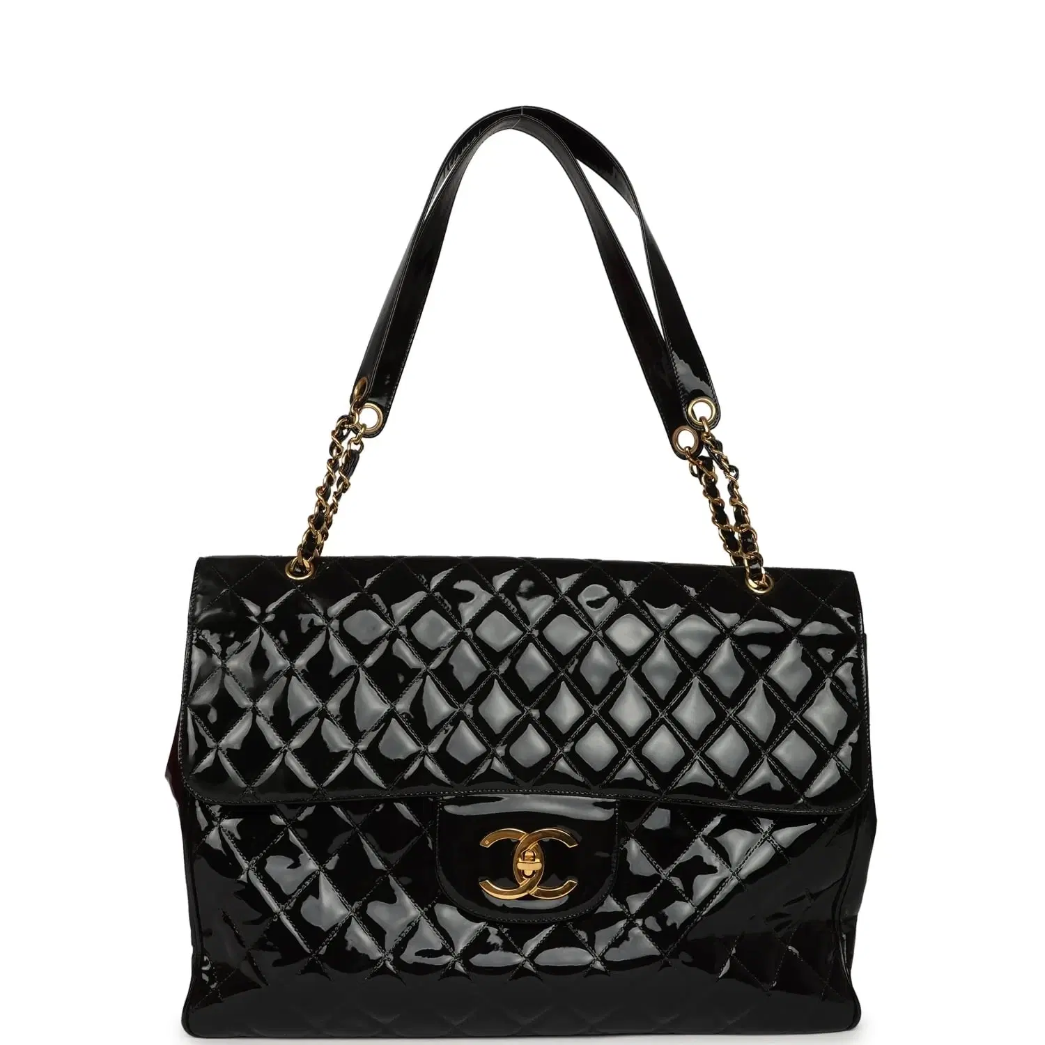 Vintage Chanel Maxi Single Flap Bag Black Patent Gold Hardware