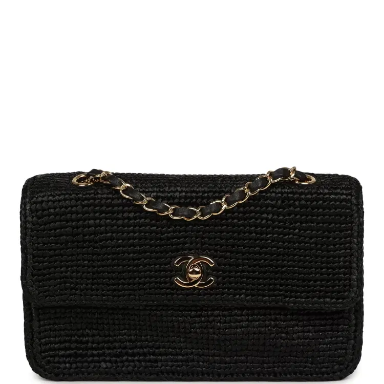 Chanel Small Flap Bag Black Braided Raffia Gold Hardware-Hover-Image