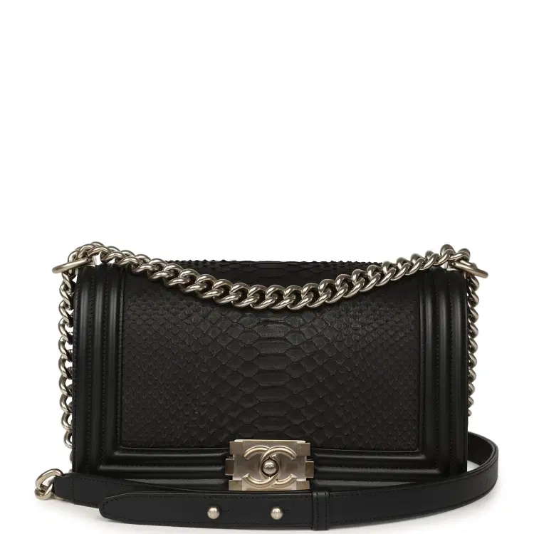 Pre-owned Chanel Boy Bag Black Python, Calfskin Matte Silver Hardware-Hover-Image