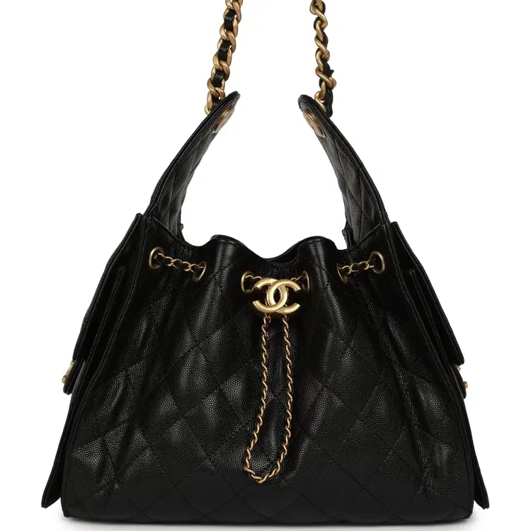 Pre-owned Chanel Small 25 Hobo Bag Black Caviar Antique Gold Hardware-Hover-Image