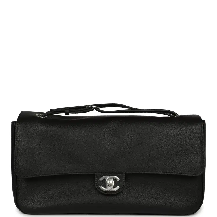 Chanel Maxi "Souplissimo" Small Flap Bag Black Grained Calfskin Silver Hardware-Hover-Image