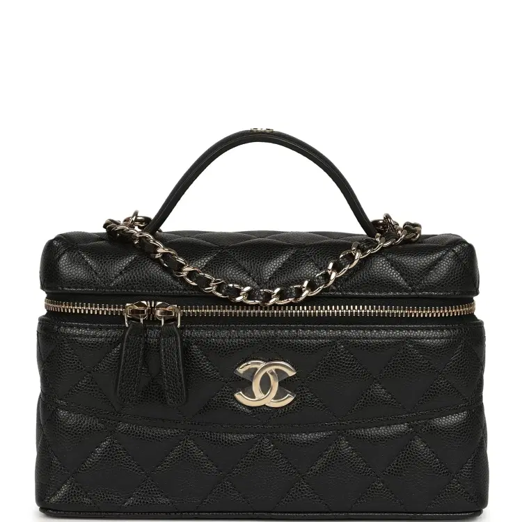 Chanel Top Handle Long Vanity Case with Chain Black Shiny Caviar Light Gold Hardware-Hover-Image