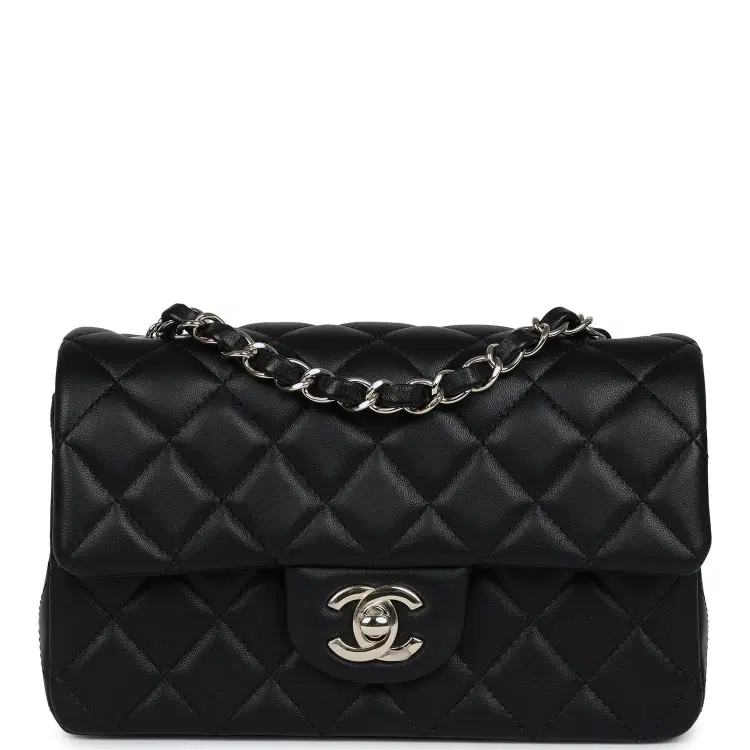 Pre-owned Chanel Mini Classic Rectangular Flap Bag Black Lambskin Light Gold Hardware-Hover-Image