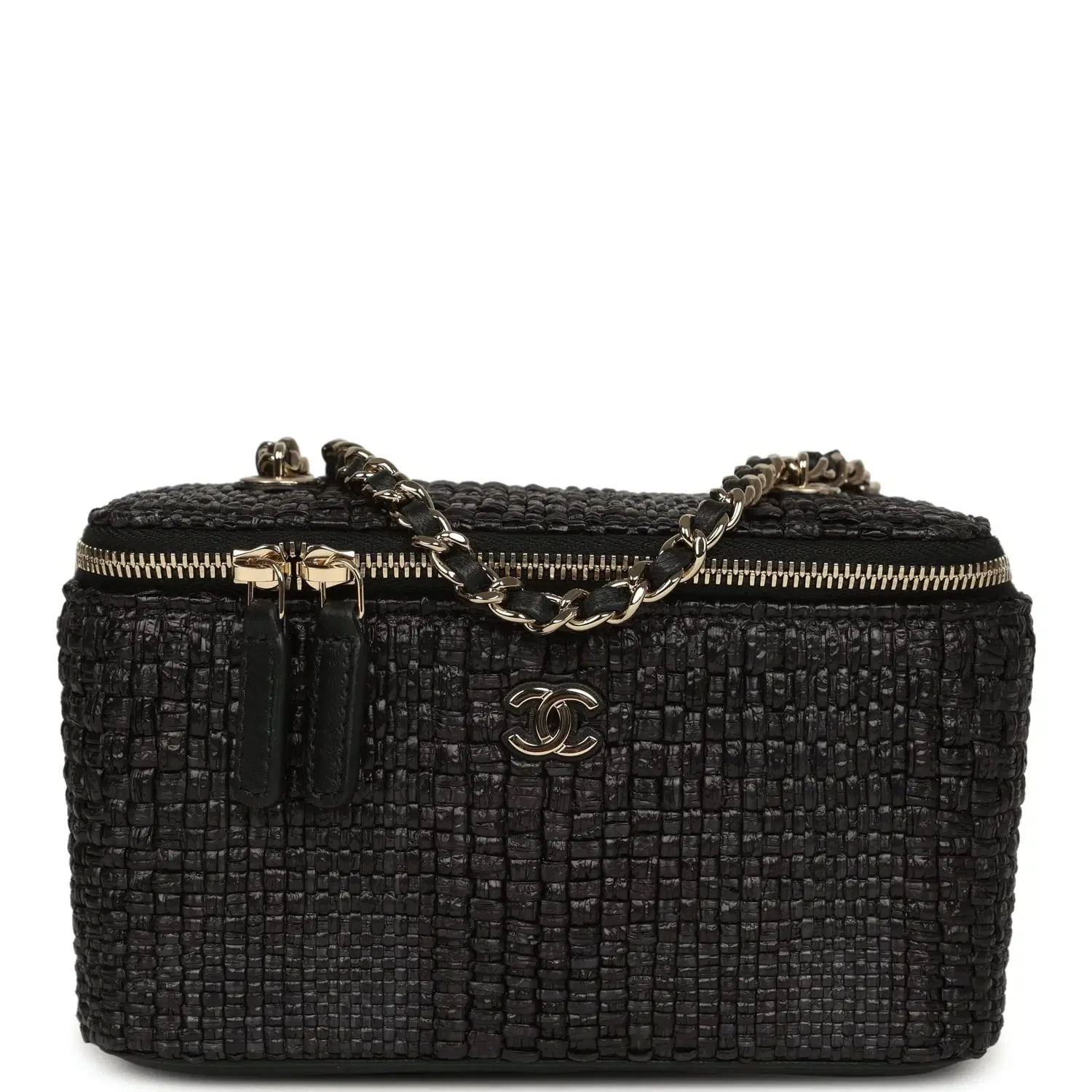 Chanel Small Vanity Case Black Raffia Light Gold Hardware