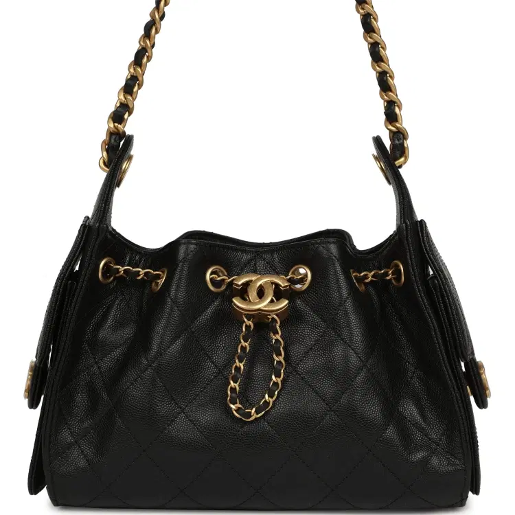 Chanel Mini 25 Hobo Bag Black Caviar Antique Gold Hardware-Hover-Image