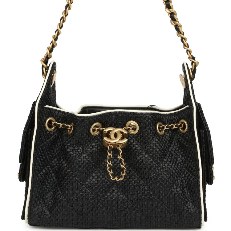 Chanel Mini 25 Hobo Bag Black Raffia and White Calfskin Antique Gold Hardware-Hover-Image