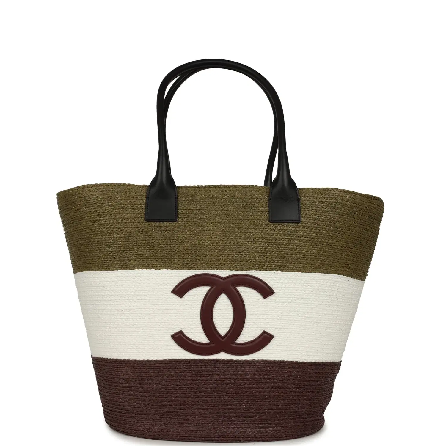 Chanel Maxi Coco Beach Small Shopping Bag Khaki, White, Brown Raffia and Calfskin