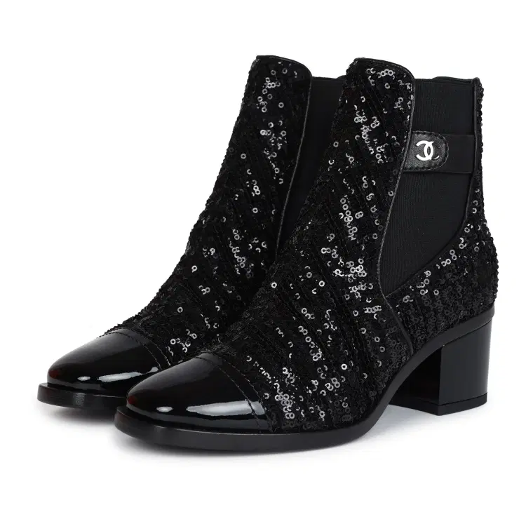 Chanel Cap Toe Ankle Boots Black Sequin Patent EU 35.5-Hover-Image
