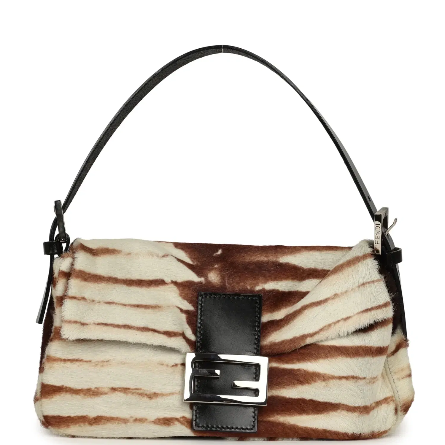 Vintage Fendi Baguette Bag Brown and White Calf Hair Silver Hardware