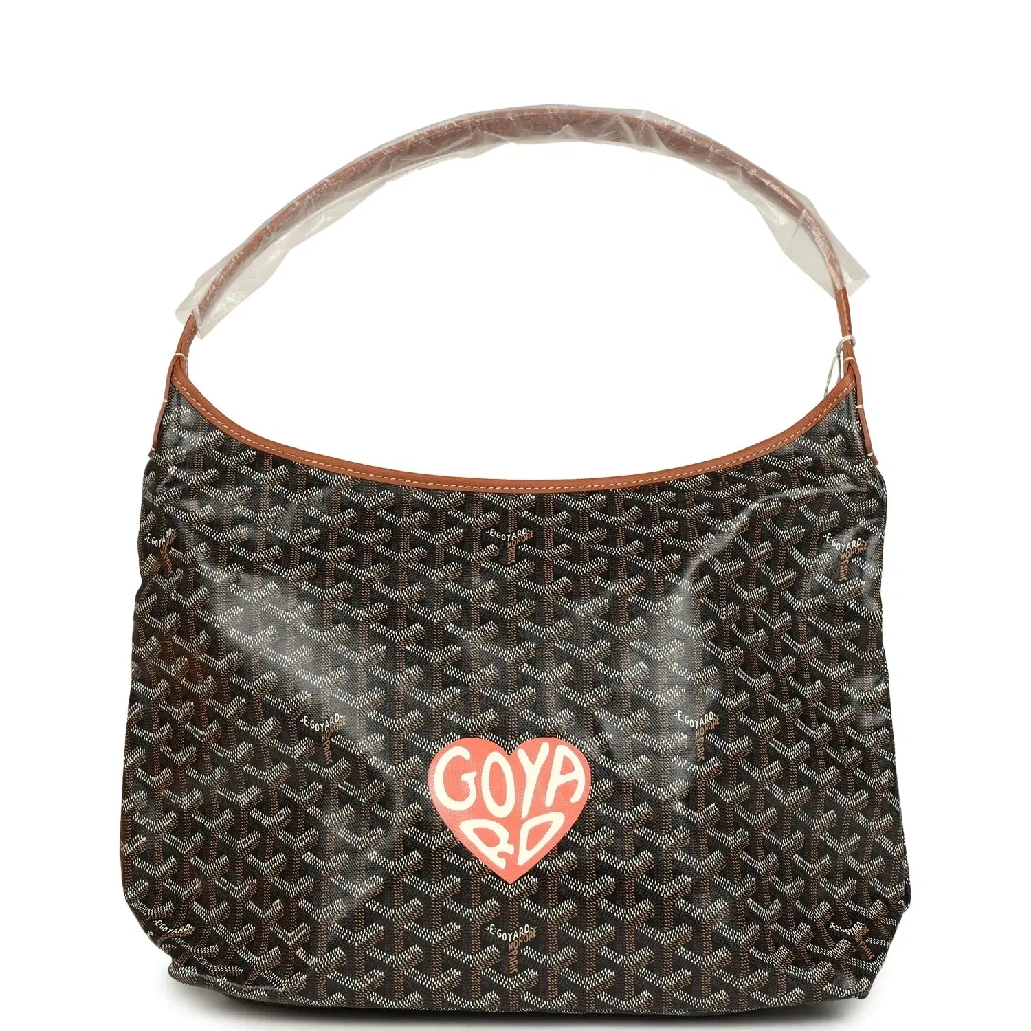 Goyard Goyardine Canvas Black and Brown Hand-Painted Heart Boheme Hobo Palladium Hardware
