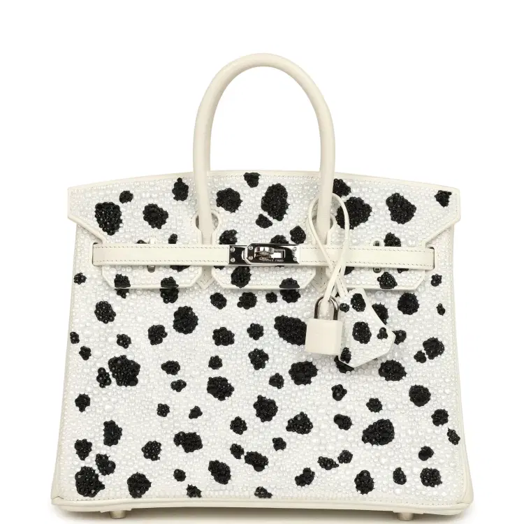 Custom "Dalmatian" Swarovski Crystal Hermès Birkin 25 White Epsom Palladium Hardware-Hover-Image