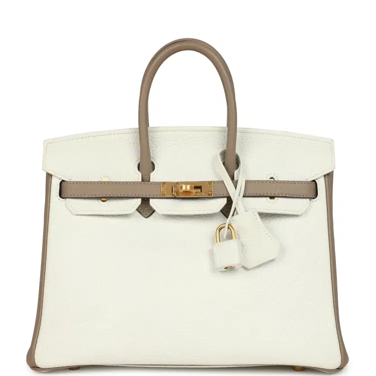 Hermes Special Order (HSS) Birkin 25 White and Etoupe Clemence Brushed Gold Hardware-Hover-Image