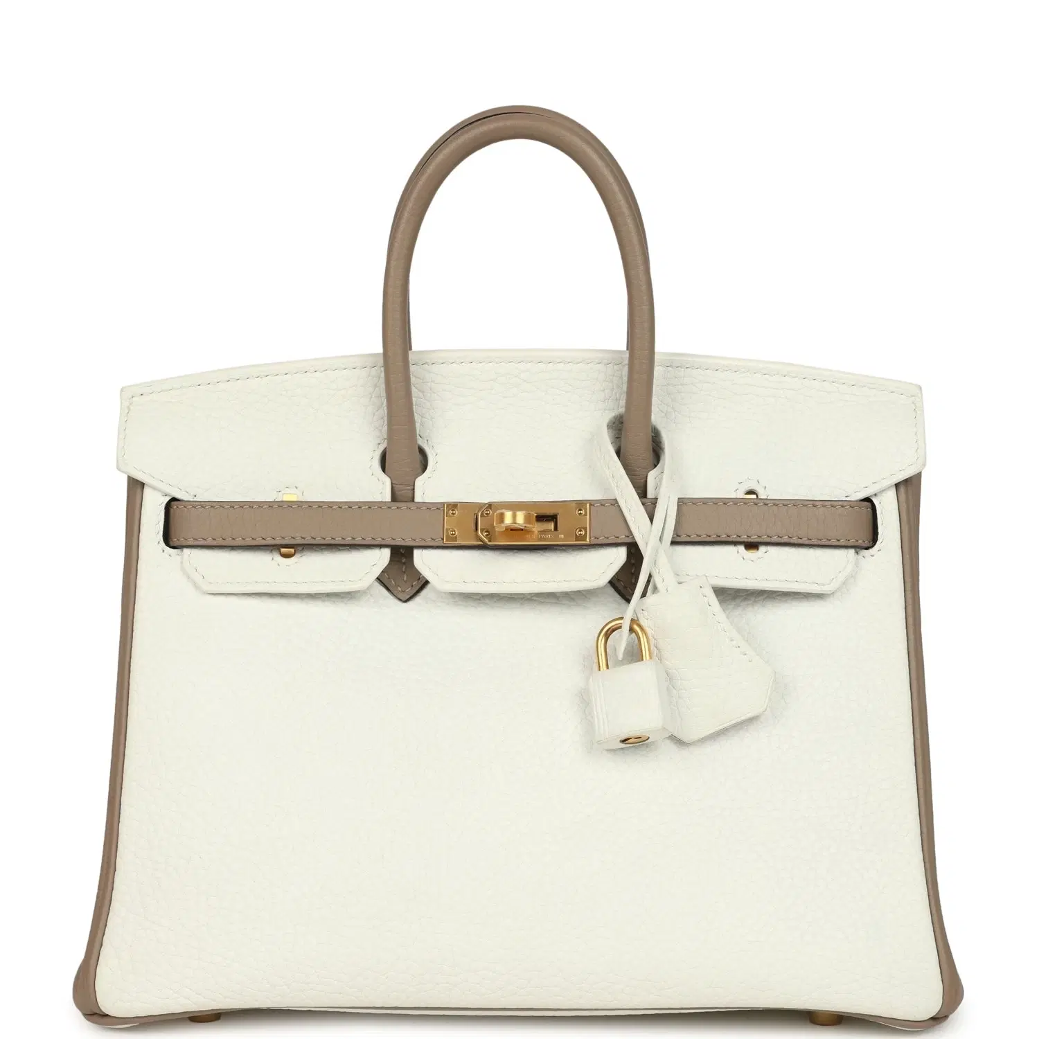 Hermes Special Order (HSS) Birkin 25 White and Etoupe Clemence Brushed Gold Hardware