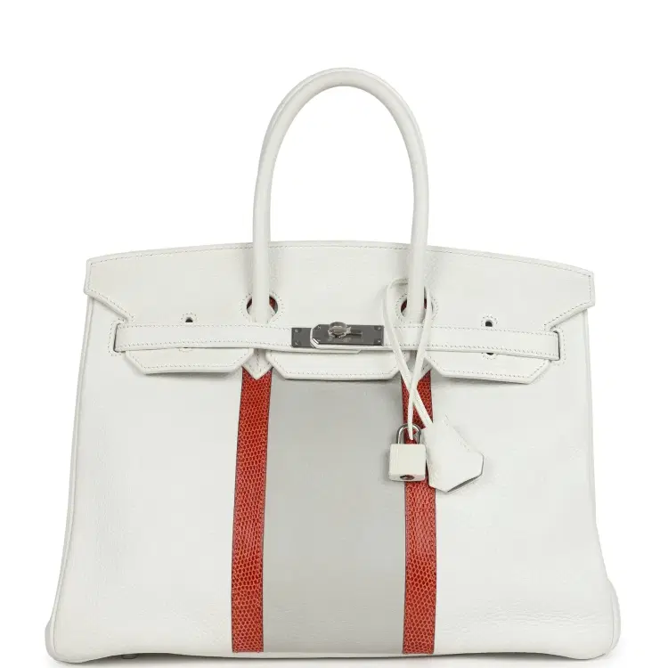 Pre-owned Hermes Birkin Club 35 White and Gris Perle Clemence and Sanguine Lizard Palladium Hardware-Hover-Image