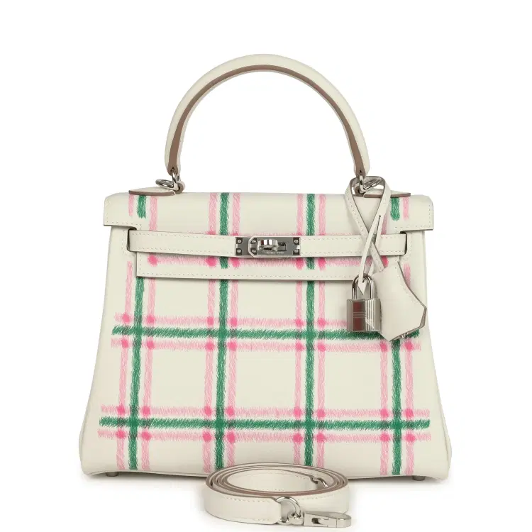 Hermes Kelly Retourne 25 "Tartan Light" Gris Pale, Vert Moyen and Bubblegum Swift Palladium Hardware-Hover-Image