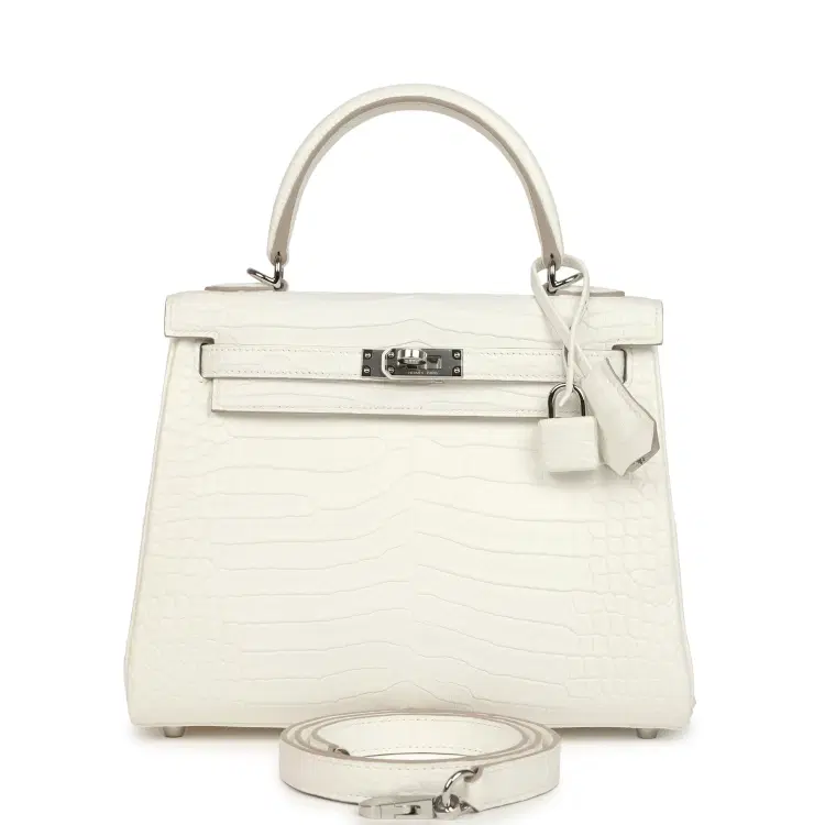 Hermes Kelly Retourne 25 Creme Chantilly Matte Crocodile Palladium Hardware-Hover-Image