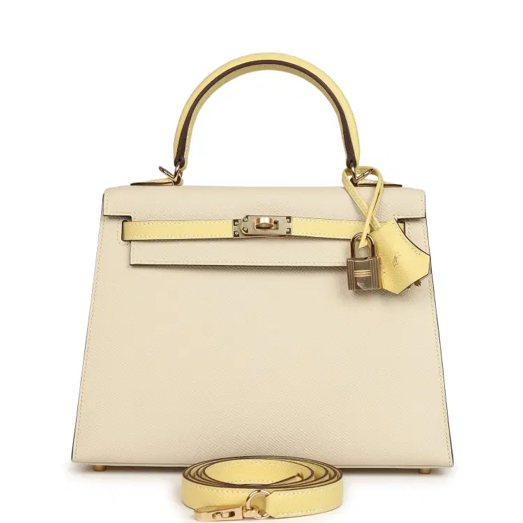 Hermes Special Order (HSS) Kelly Sellier 25 Craie and Jaune Poussin Epsom Gold Hardware-Hover-Image