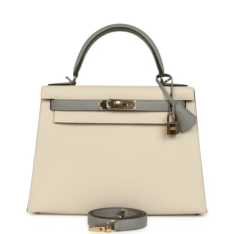 Hermes Special Order (HSS) Kelly Sellier 28 Craie and Gris Mouette Epsom Permabrass Hardware-Hover-Image