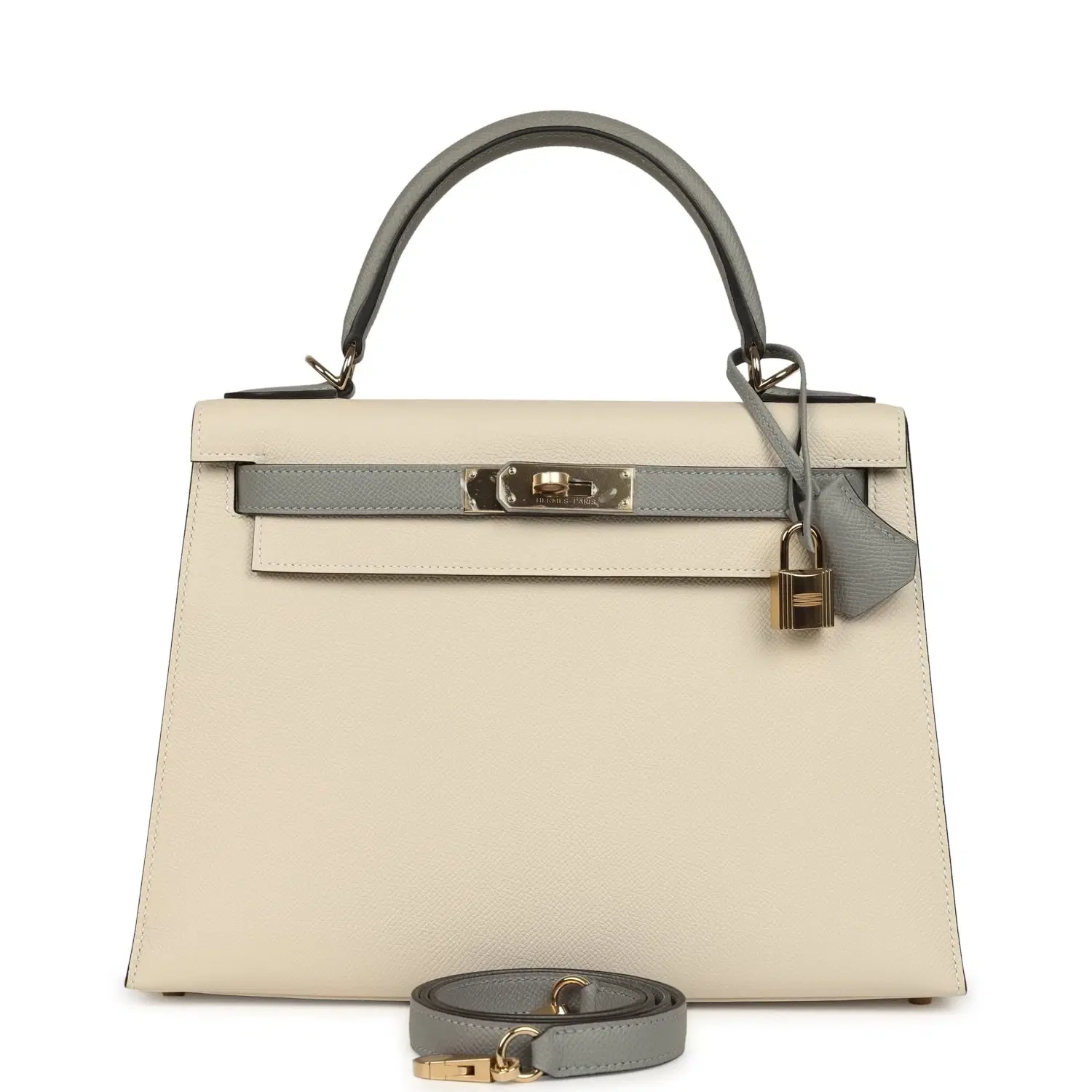 Hermes Special Order (HSS) Kelly Sellier 28 Craie and Gris Mouette Epsom Permabrass Hardware