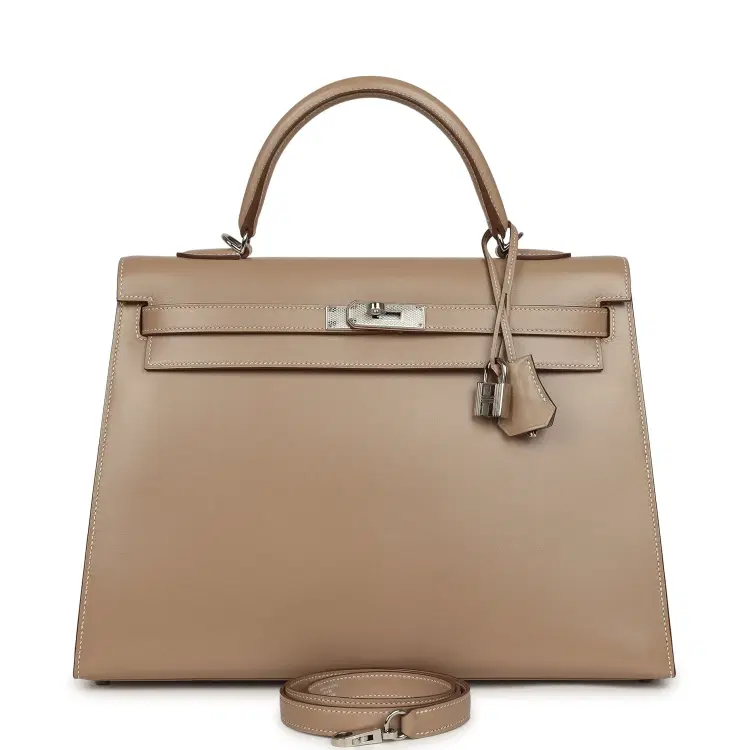 Pre-owned Hermes Kelly Sellier 35 Argile Tadelakt Guilloche Palladium Hardware-Hover-Image