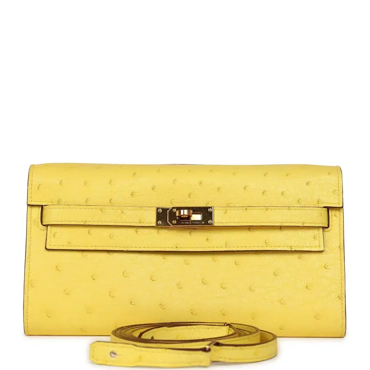 Pre-owned Hermes Kelly Wallet To Go Jaune Citron Ostrich Rose Gold Hardware-Hover-Image