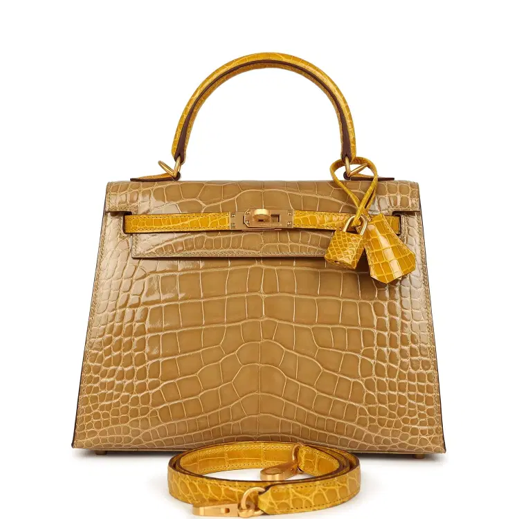 Hermes Special Order (HSS) Kelly Sellier 25 Beige Sable and Jaune Ambre Shiny Alligator Mississpiensis Brushed Gold Hardware-Hover-Image