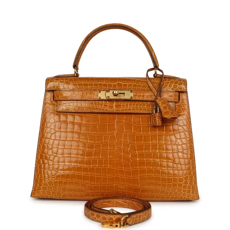 Vintage Hermes Kelly Sellier 28 Saffron Porosus Crocodile Gold Hardware-Hover-Image