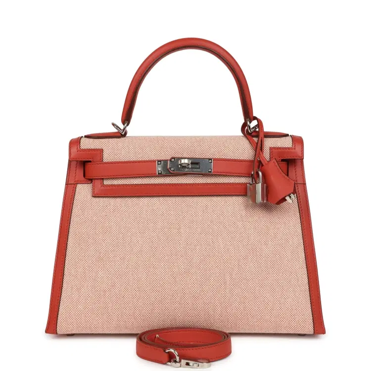 Hermes Kelly Sellier 28 Sanguine Swift and Ecru-Sanguine Toile H Canvas Palladium Hardware-Hover-Image