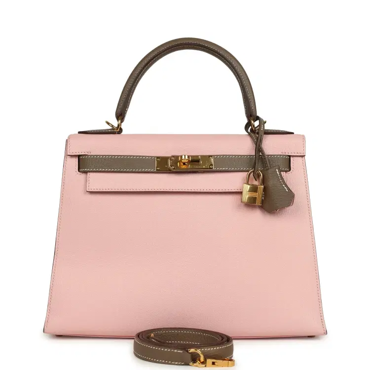 Pre-owned Hermes Special Order (HSS) Kelly Sellier 28 Rose Sakura and Etoupe Chevre Gold Hardware-Hover-Image