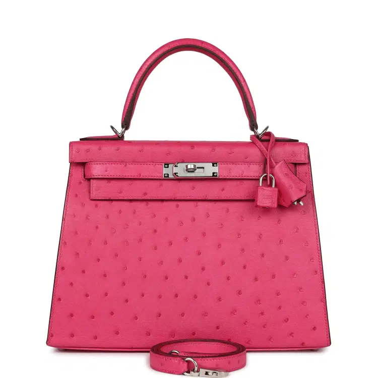 Hermes Kelly Sellier 28 Rose Tyrien Ostrich Palladium Hardware-Hover-Image
