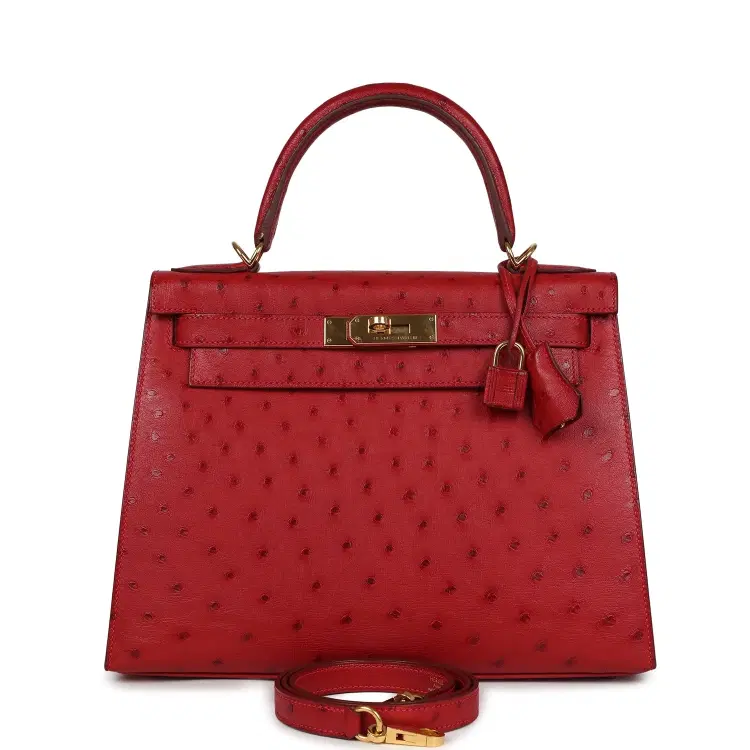 Pre-owned Hermes Kelly Sellier 28 Rouge Vif Ostrich Gold Hardware-Hover-Image