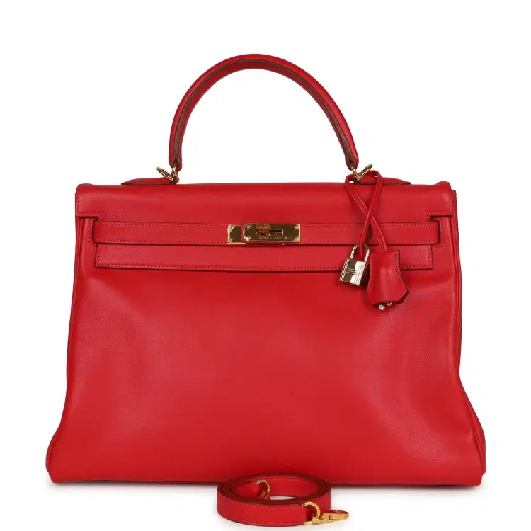Vintage Hermes Kelly Retourne 35 Rouge Vif Gulliver Gold Hardware-Hover-Image