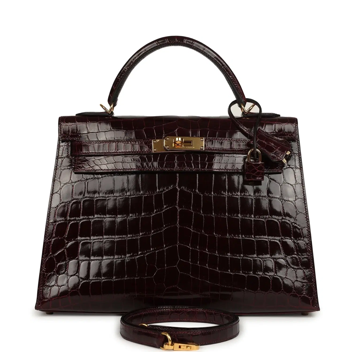 Pre-owned Hermes Kelly Sellier 32 Bordeaux Shiny Niloticus Crocodile Gold Hardware