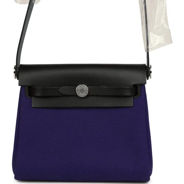 Hermes Herbag Zip 20 Mini Purple Toile Militaire Canvas and Black Vache Hunter Palladium Hardware-Hover-Image