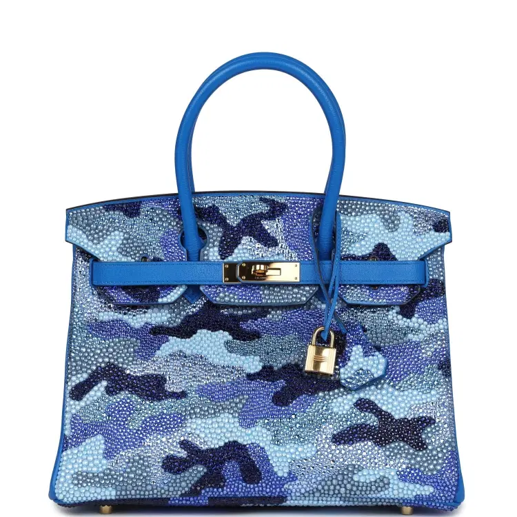 Custom "Camouflage" Swarovski Crystal Hermes Birkin 30 Bleu Hydra Chevre Gold Hardware-Hover-Image