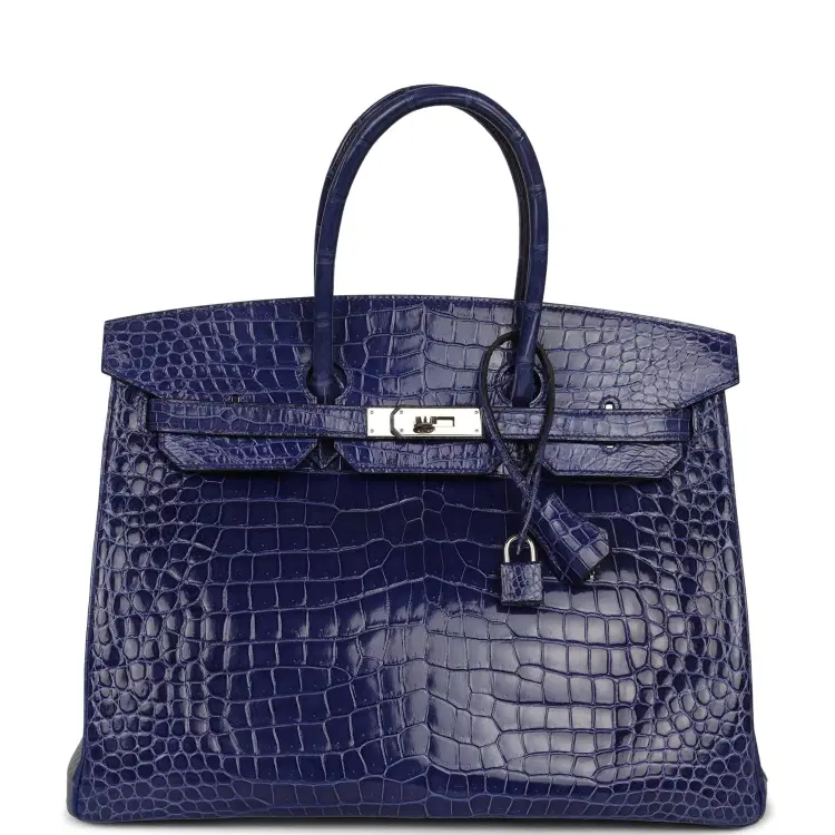 Pre-owned Hermes Birkin 35 Bleu Electric Shiny Porosus Crocodile Palladium Hardware-Hover-Image